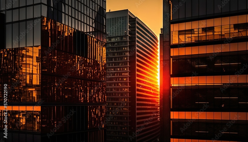  the sun is setting behind a building in a city with tall buildings in the foreground and a building