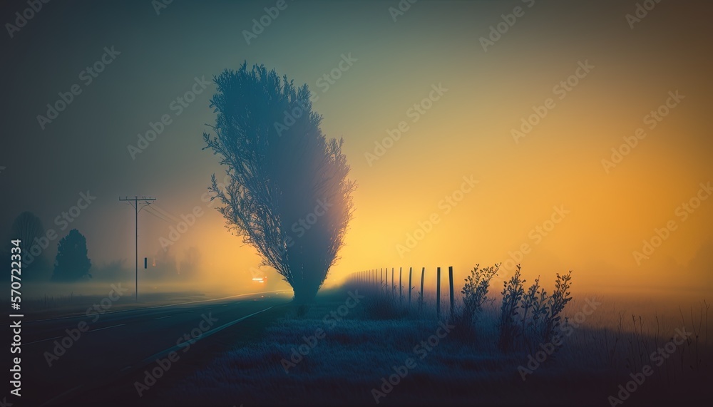  a tree on a foggy train track at sunrise or dawn with a car passing by in the distance on the left 