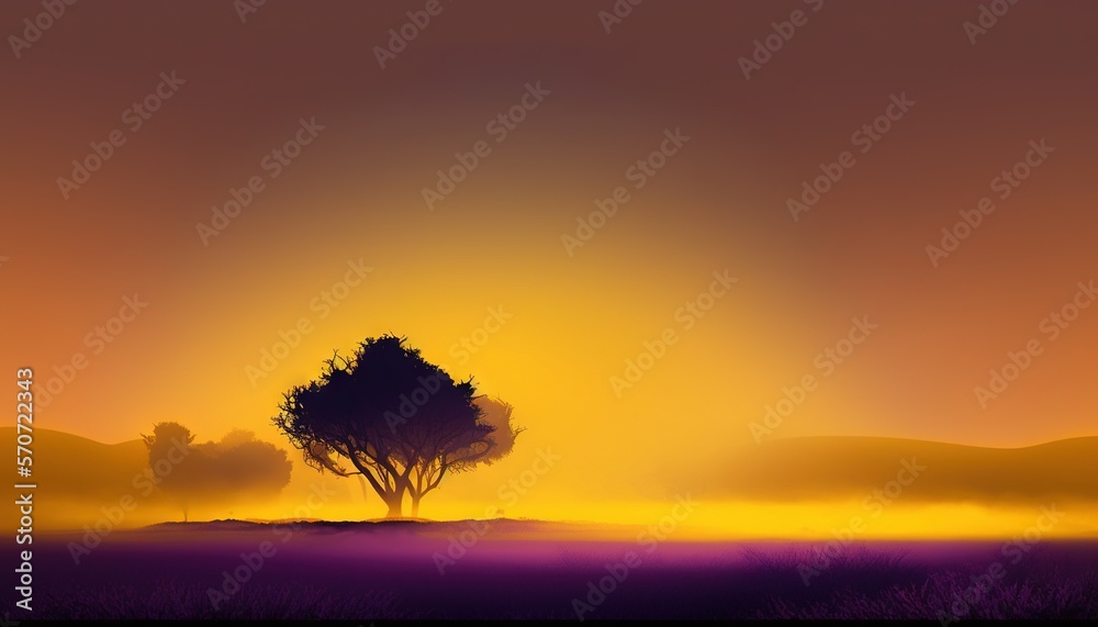  a lone tree in the middle of a foggy field with a yellow sky in the background and a yellow and pur