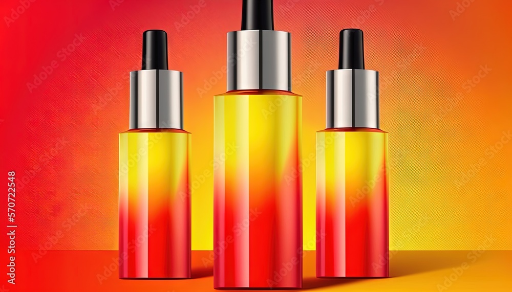  three bottles of oil on a red and yellow background with a red and yellow background and a red and 