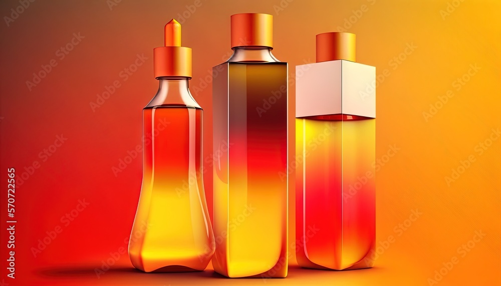  three bottles of perfume on a yellow and red background with a white box in the middle of the bottl