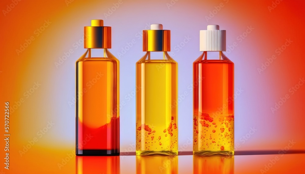  three bottles of oil on a table with a red and yellow background and a blue and orange background w