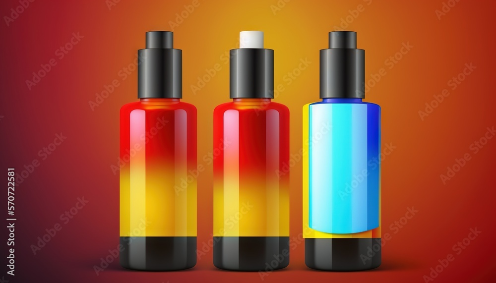  a bottle of liquid and a bottle of lotion on a red and orange background with a black cap and a whi