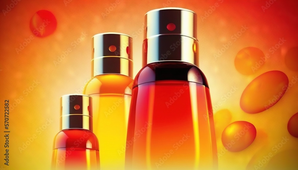  three bottles of different types of perfumes on a yellow and red background with bubbles around the