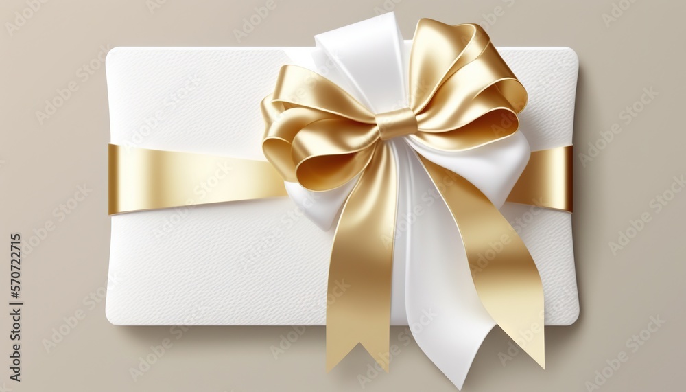  a white gift box with a gold ribbon and a bow on top of the box is on a beige background with a sha