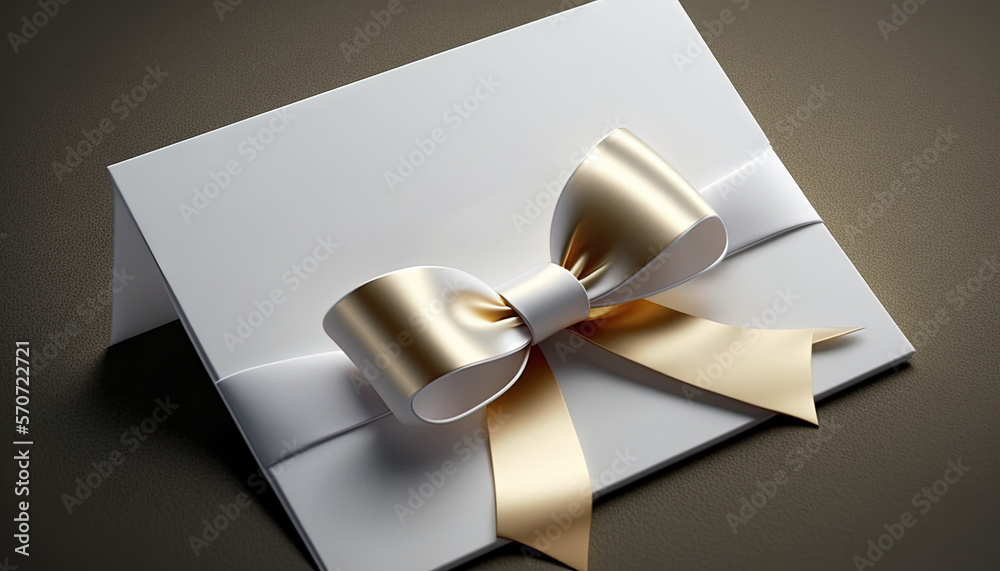  a white card with a gold bow on its front and a white envelope with a gold ribbon on its front, o