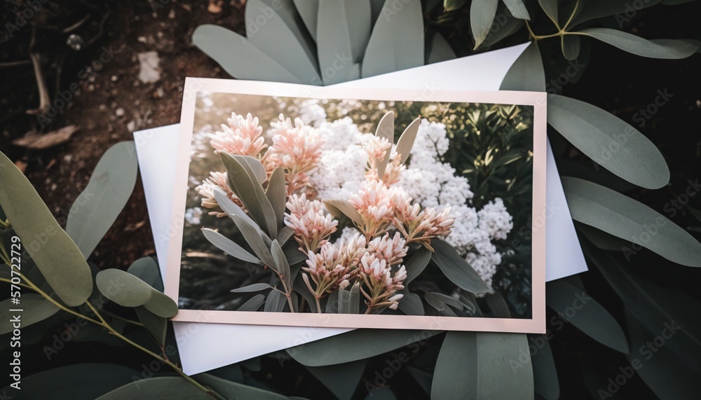  a card with a picture of a flower on it and some leaves around it on a table with a picture of a pl