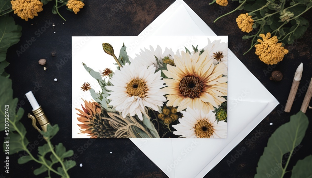  a card with a bouquet of flowers on it next to a pen and a flower arrangement on a black surface wi