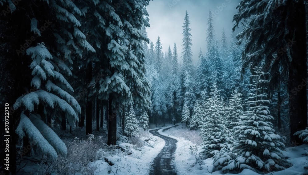  a snowy road in a forest with trees on both sides of the road and a dark sky above the trees and sn