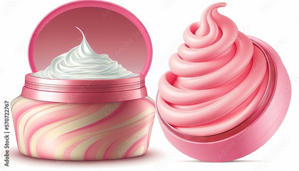  a pink container with whipped cream inside of it next to a pink container with whipped cream inside