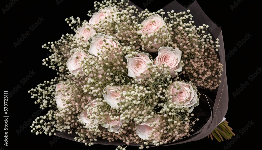  a bouquet of pink roses and babys breath flowers on a black background with babys breath flowers 