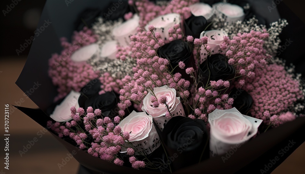  a bouquet of flowers with pink and white flowers in it and a black and white tag on the top of the 