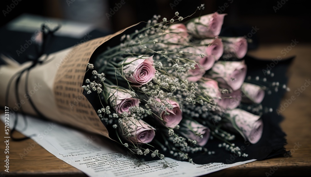  a bunch of flowers that are sitting on a piece of paper on a table with a pen and a pen on it, and 