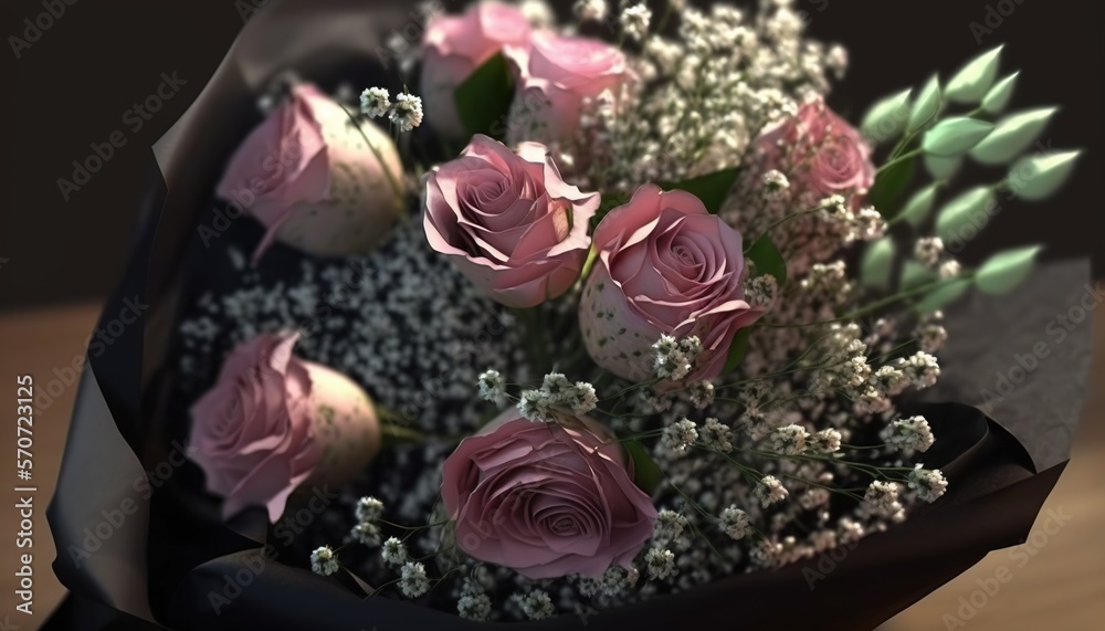  a bouquet of pink roses sitting on top of a wooden table next to a vase of babys breath buds and b