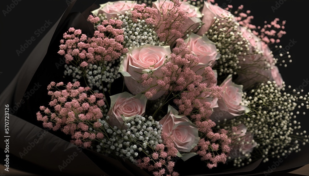  a bouquet of pink roses and babys breath is wrapped in a black paper with white and pink flowers o