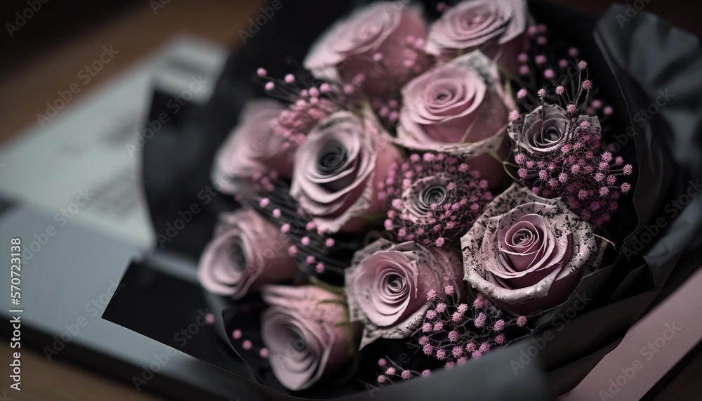  a bouquet of pink roses sitting on top of a black paper bag on top of a wooden table next to a book