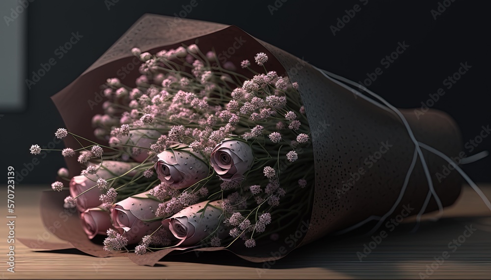  a bouquet of flowers is wrapped in a brown paper and sitting on a wooden table with a black wall in