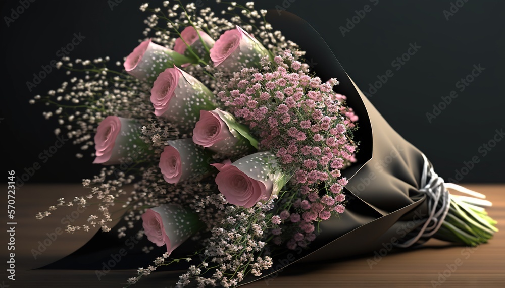  a bouquet of pink roses and babys breath wrapped in a black ribbon on a wooden table with a black 