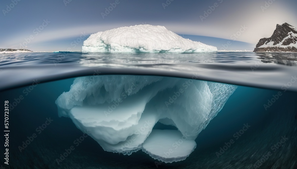  an iceberg floating in the ocean with a small iceberg in the distance in the water near the surface