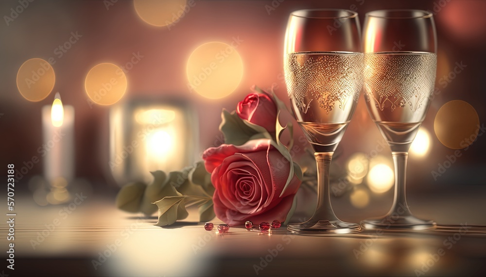  a couple of wine glasses sitting on top of a table next to a rose and a lit candle with a blurry ba