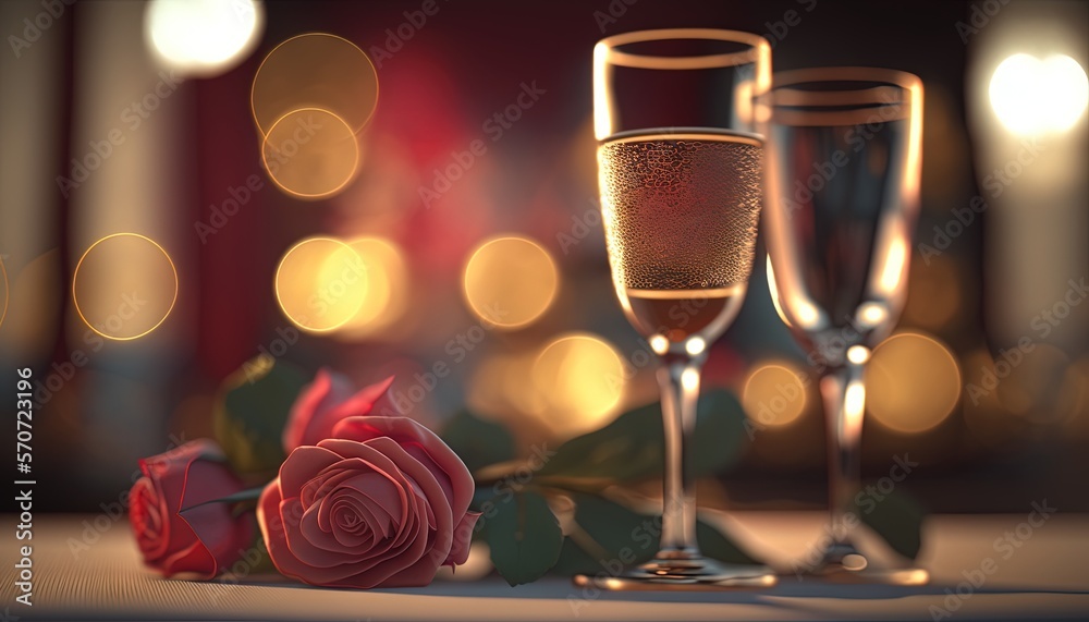  two glasses of champagne and a rose on a table with boke of lights in the backround of the image an