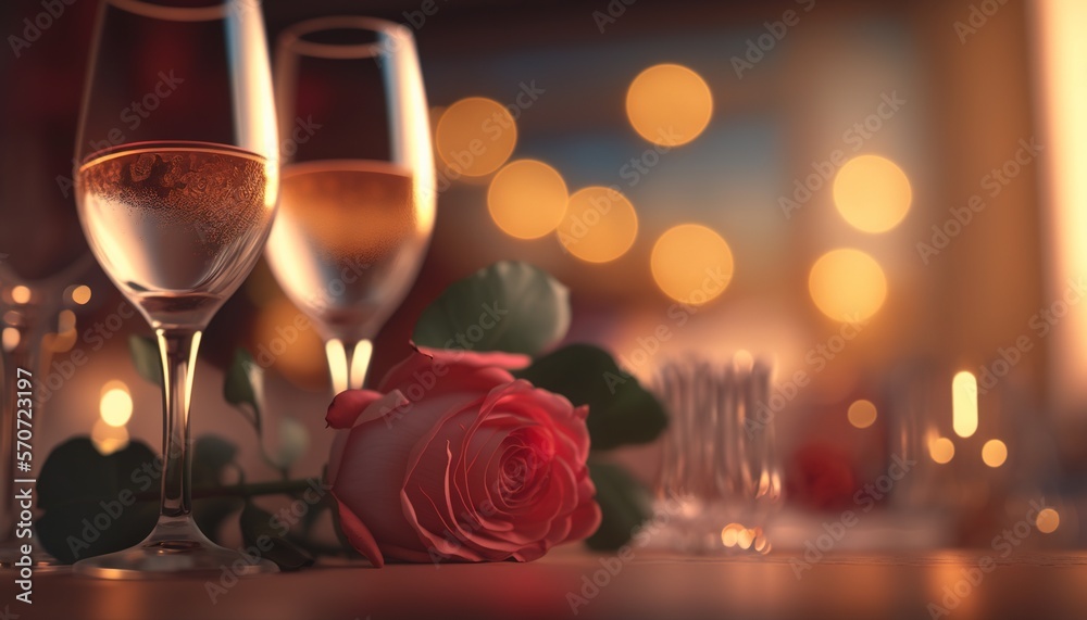  two glasses of wine and a rose on a table with candles and lights in the backround of the room in t