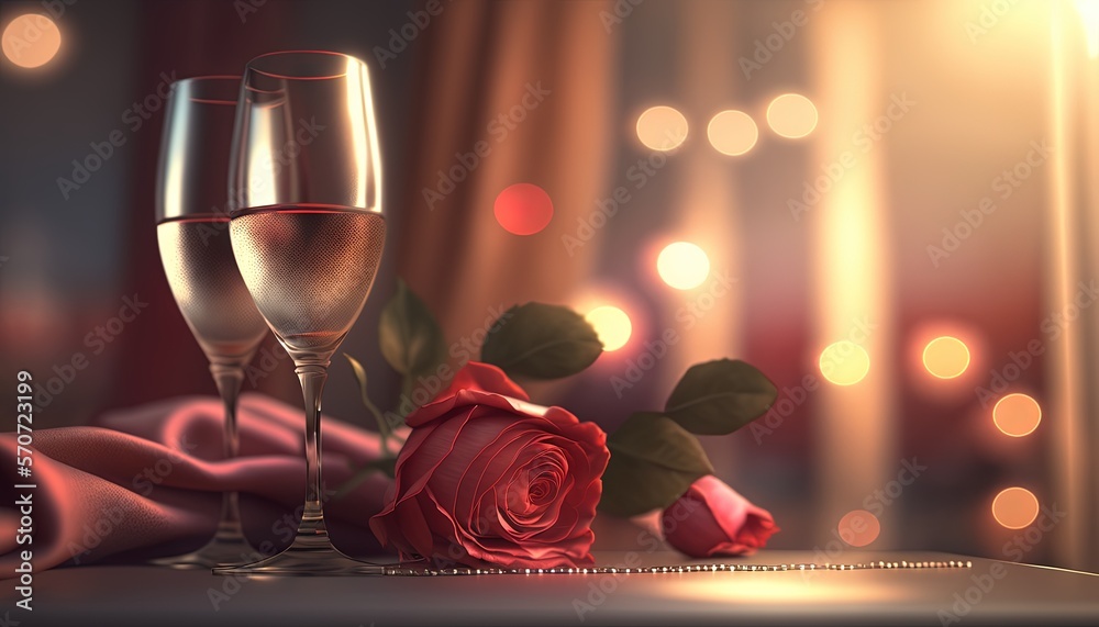  two glasses of champagne and a rose on a table with lights in the background and a curtained window