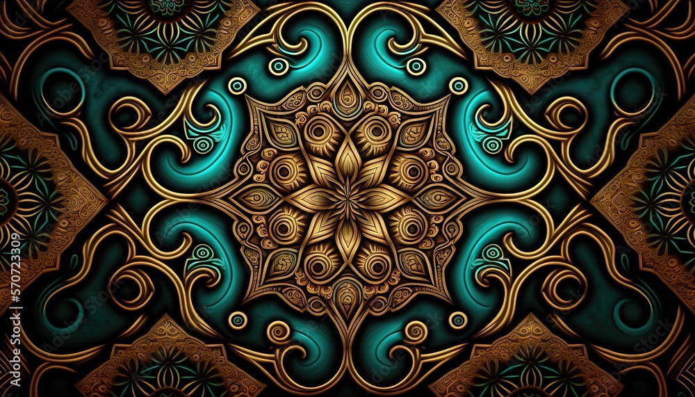  a computer generated image of a gold and blue pattern with swirls and waves on a black background w