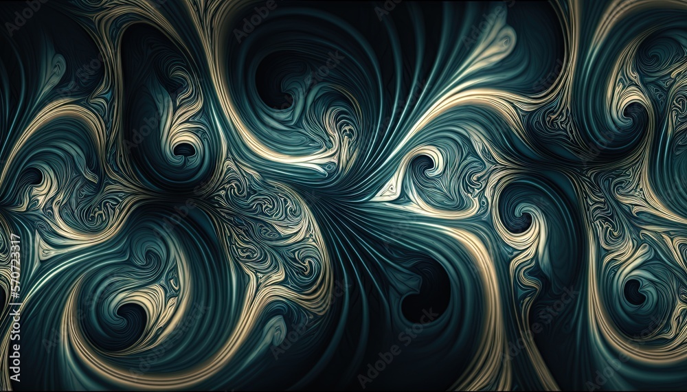  a computer generated image of a swirly pattern in blue and gold colors, with a black background and