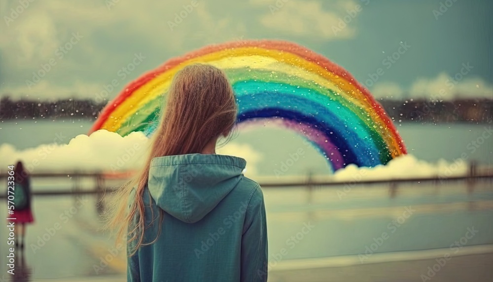  a woman with long hair standing in front of a rainbow in the sky with a rainbow in the back of her 