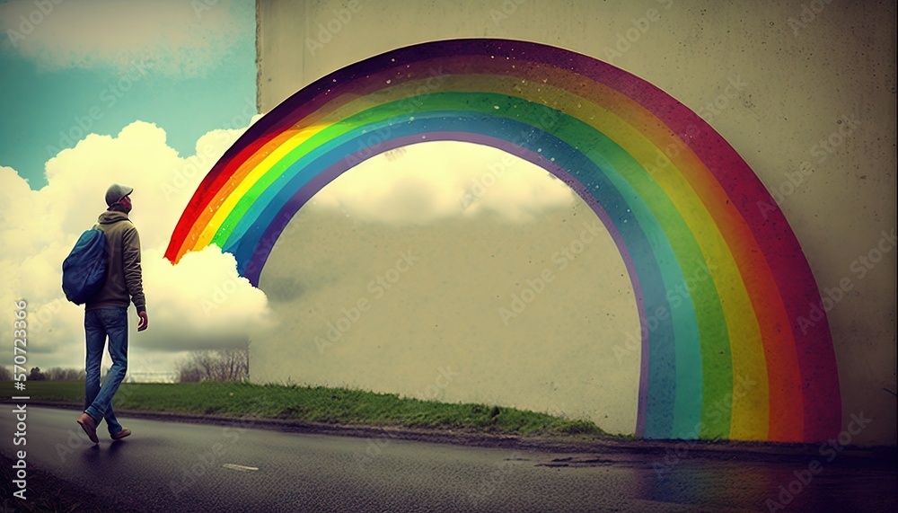  a man walking down a street with a rainbow painted on the side of a building behind him and a rainb