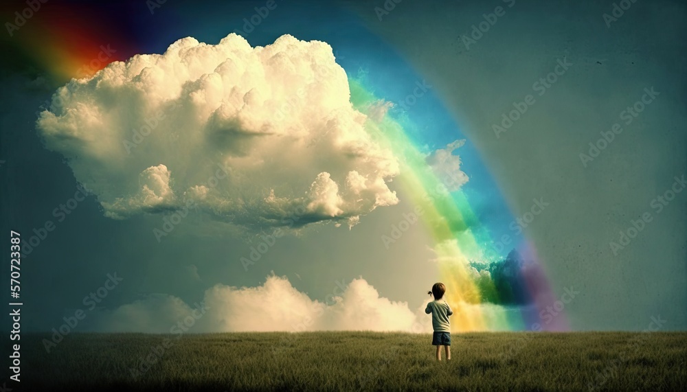  a person standing in a field with a rainbow in the sky behind them and a cloud in the sky above the