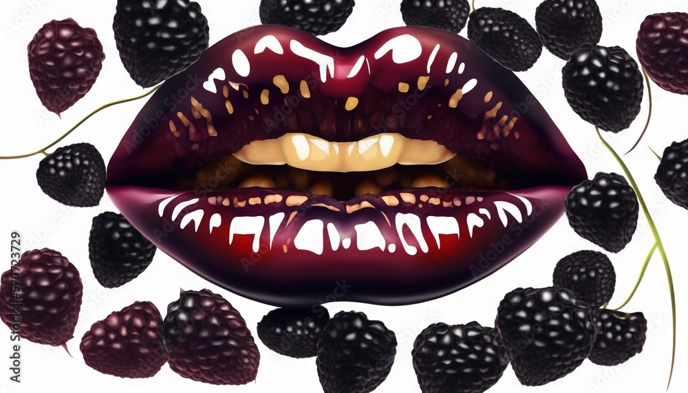  a womans mouth with a bunch of berries around it and berries around it to the side of the mouth an