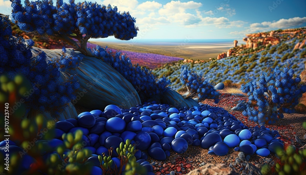  a painting of blue rocks and a tree in a desert landscape with a blue sky and clouds in the backgro