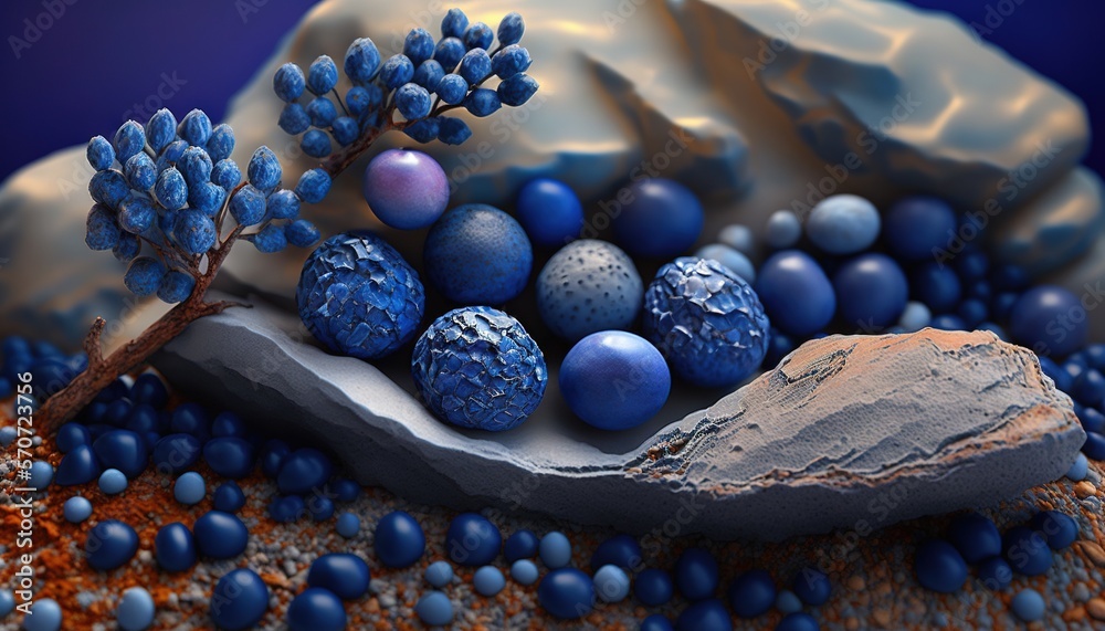  a rock and some blue rocks and a plant on a rock with a blue sky in the background and some blue be