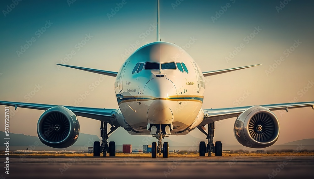  a large jetliner sitting on top of an airport tarmac with a blue sky in the background and a few cl