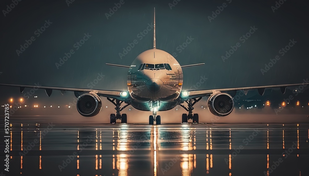  a large jetliner sitting on top of an airport tarmac at night with lights on its wings and a refle