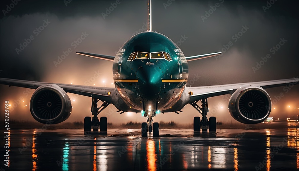  a large jetliner sitting on top of an airport tarmac at night with lights on the ground and fog in 