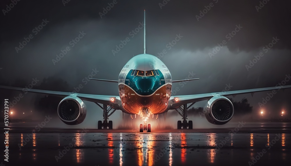  a large jetliner sitting on top of an airport tarmac at night with lights on the side of the plane 