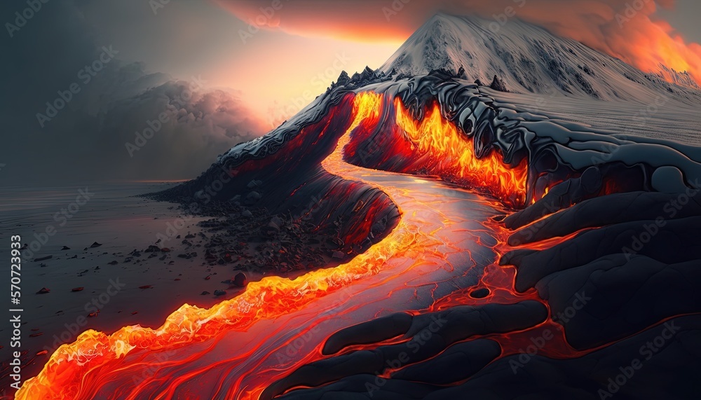  a painting of a mountain with lava flowing down its sides and a stream of water running down the s