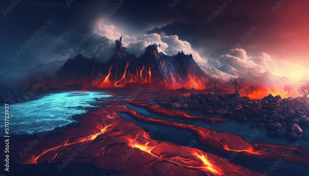  a painting of a lava landscape with a river and mountains in the distance with red and orange lava 