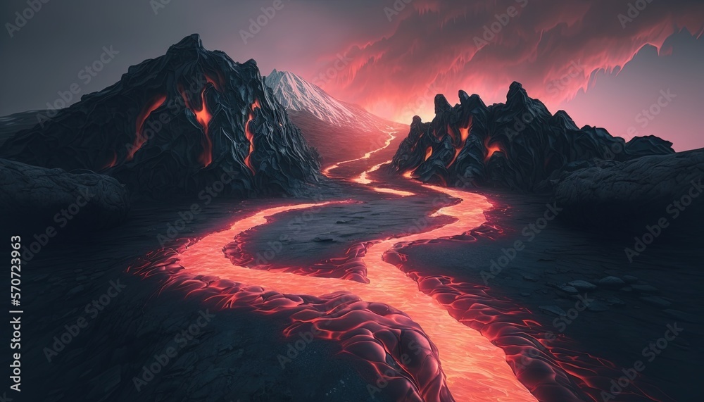  a digital painting of a river running through a mountain range with lava flowing down the sides of 