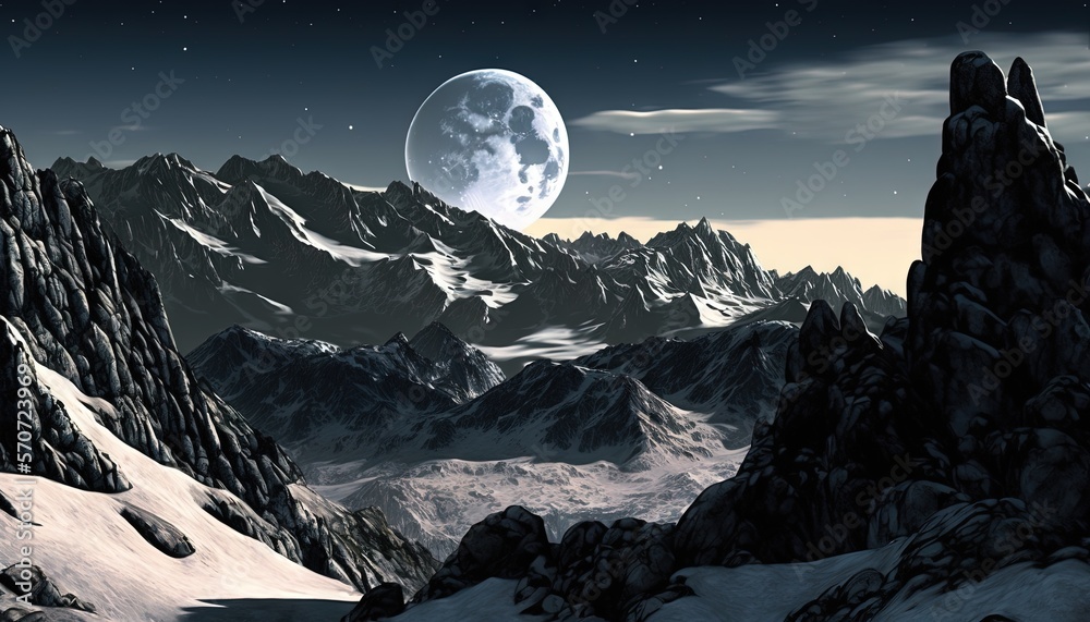  a mountain landscape with a full moon in the sky and a mountain range in the foreground with snow o