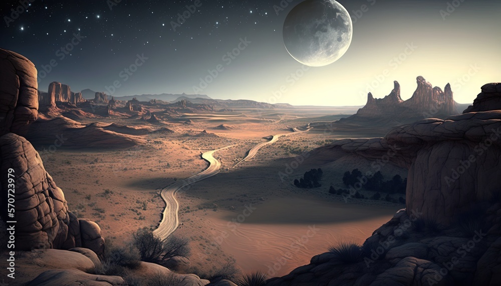  a painting of a desert landscape with a road going through it and a moon in the sky above the rocks