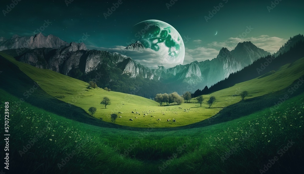  a painting of a green landscape with mountains and a full moon in the sky with a mountain range in 