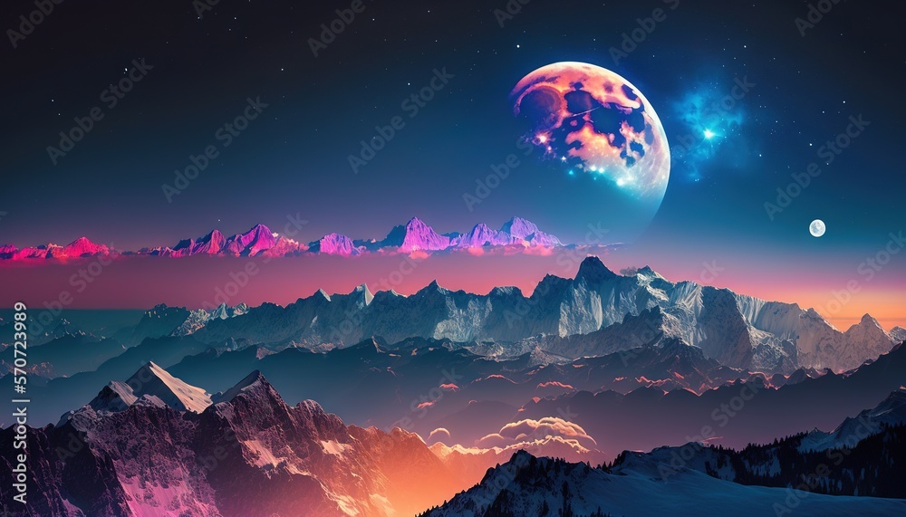  a view of a mountain range at night with a moon and stars in the sky over the mountain range is a p