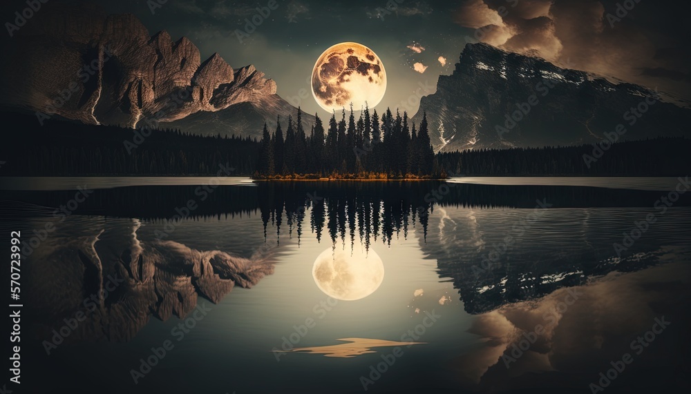  a full moon over a mountain lake with a reflection of trees in the water and a forest in the foregr