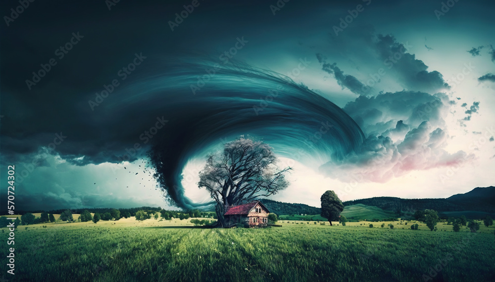  a house in the middle of a field with a large tornado coming out of its roof and a tree in the for