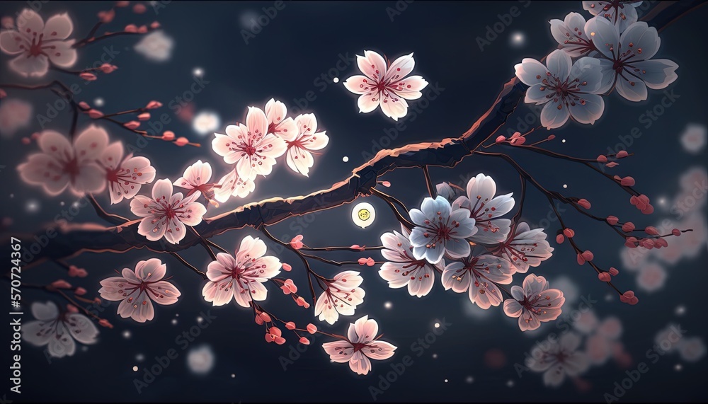  a branch of a cherry blossom tree with a full moon in the sky in the background, with a few stars i