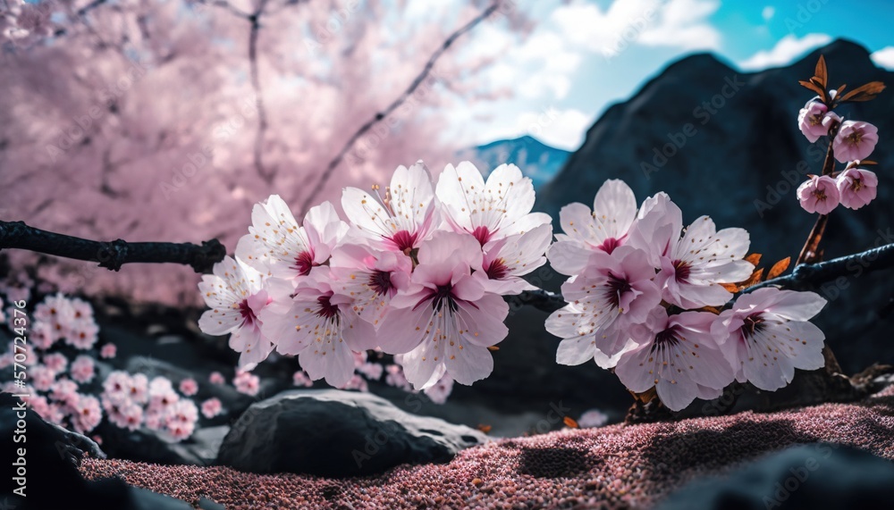  pink flowers are blooming on a tree branch in a rocky area with rocks and a mountain in the backgro